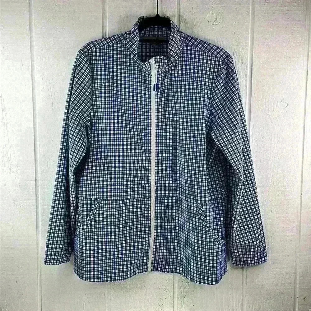 Talbots Navy & White Checked Zip-Front Bomber Jacket